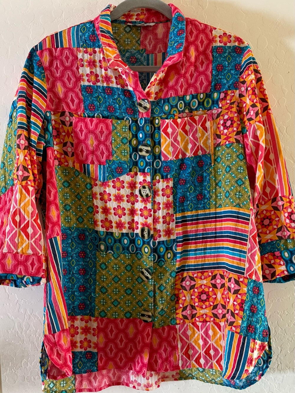 John Mark, small, vibrant, multi-colored patchwork 3/4-sleeve button-down shirt